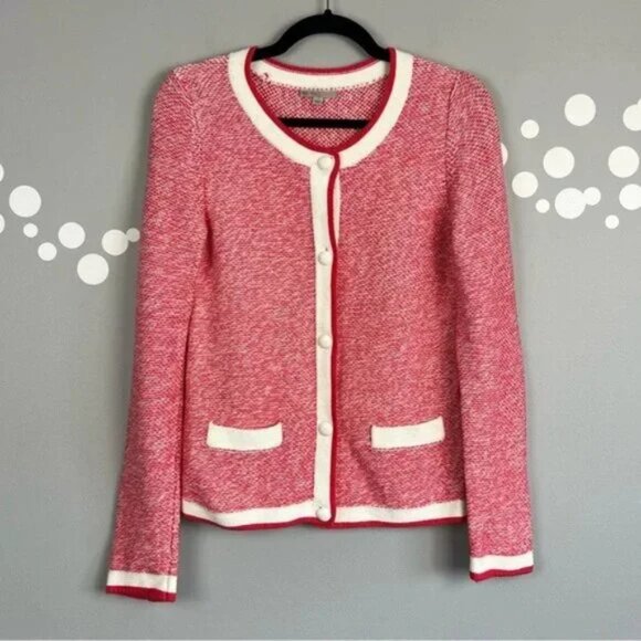 Gap Float Jacquard Knit Cardigan Sweater Pink White Trim Size S - Picture 1 of 7